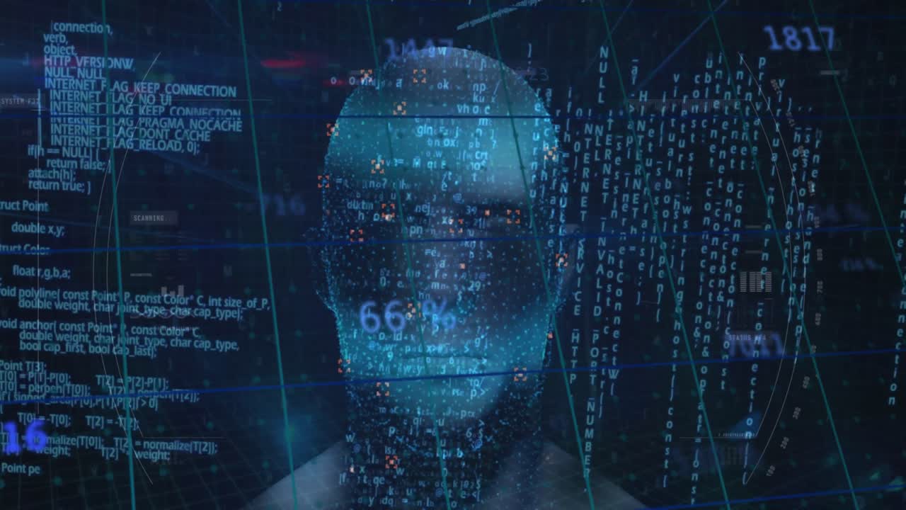 animación del procesamiento de datos sobre rostro humano digital sobre fondo negro