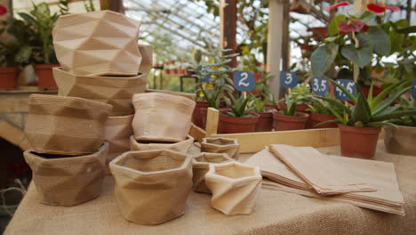 pots, plants and paper bags in flower store