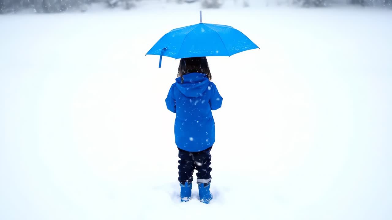 Child with Blue Umbrella in the Snow