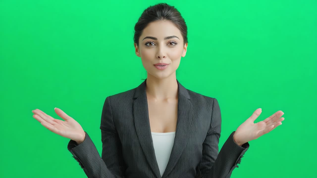 Professionista che si presenta con le palme aperte su sfondo verde: un sorriso sicuro e coinvolgente che cattura l'attenzione per una comunicazione efficace