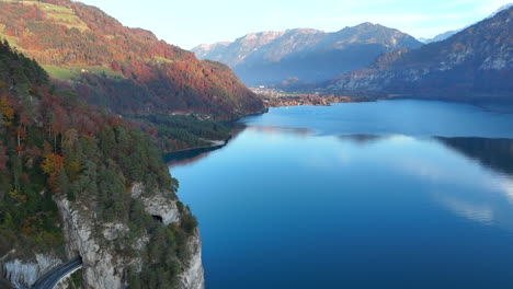 Stunning Aerial View of an Alpine Lake in Autumn
