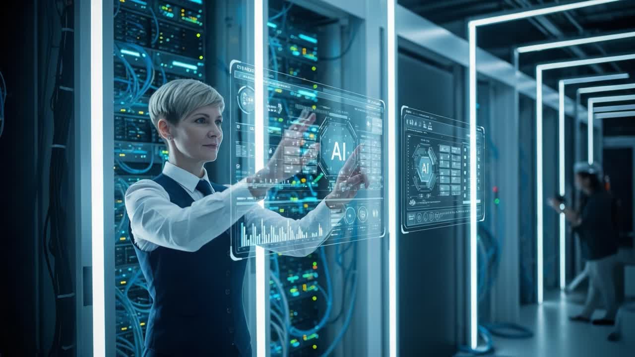 A Professional Engages with Advanced Artificial Intelligence Interfaces in a Modern Data Center, Showcasing the Intersection of Technology and Human Expertise in the Digital Age