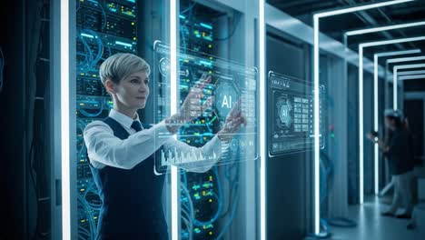 a professional engages with advanced artificial intelligence interfaces in a modern data center, showcasing the intersection of technology and human expertise in the digital age