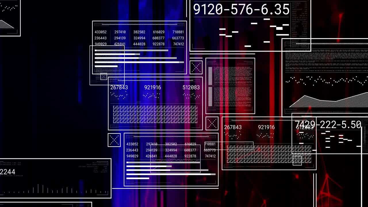 Digital data and numbers overlaying abstract red and blue background animation