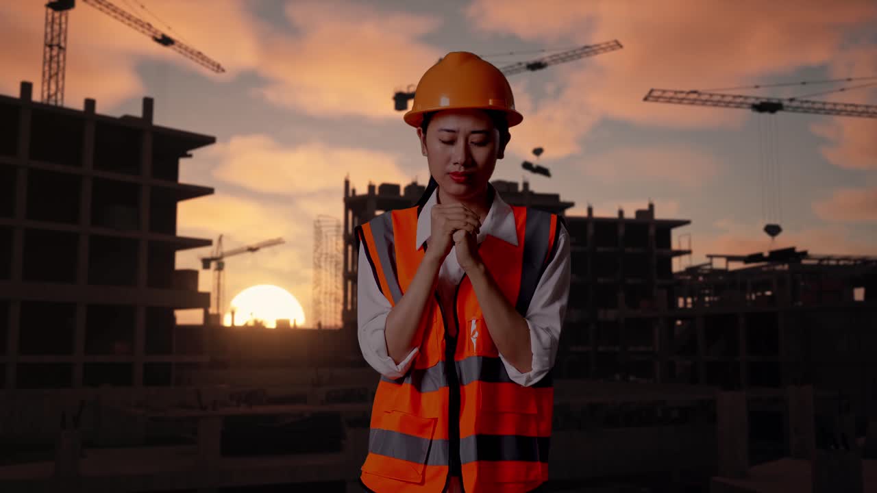 Asian Female Engineer With Safety Helmet Pray For Something While Standing At Construction Site in Progress to New House