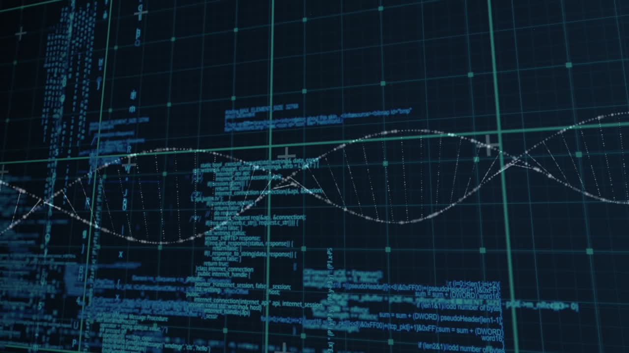 animación de una pantalla digital con datos y adn en fondo negro
