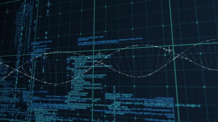 Animation of digital screen with data and dna on black background