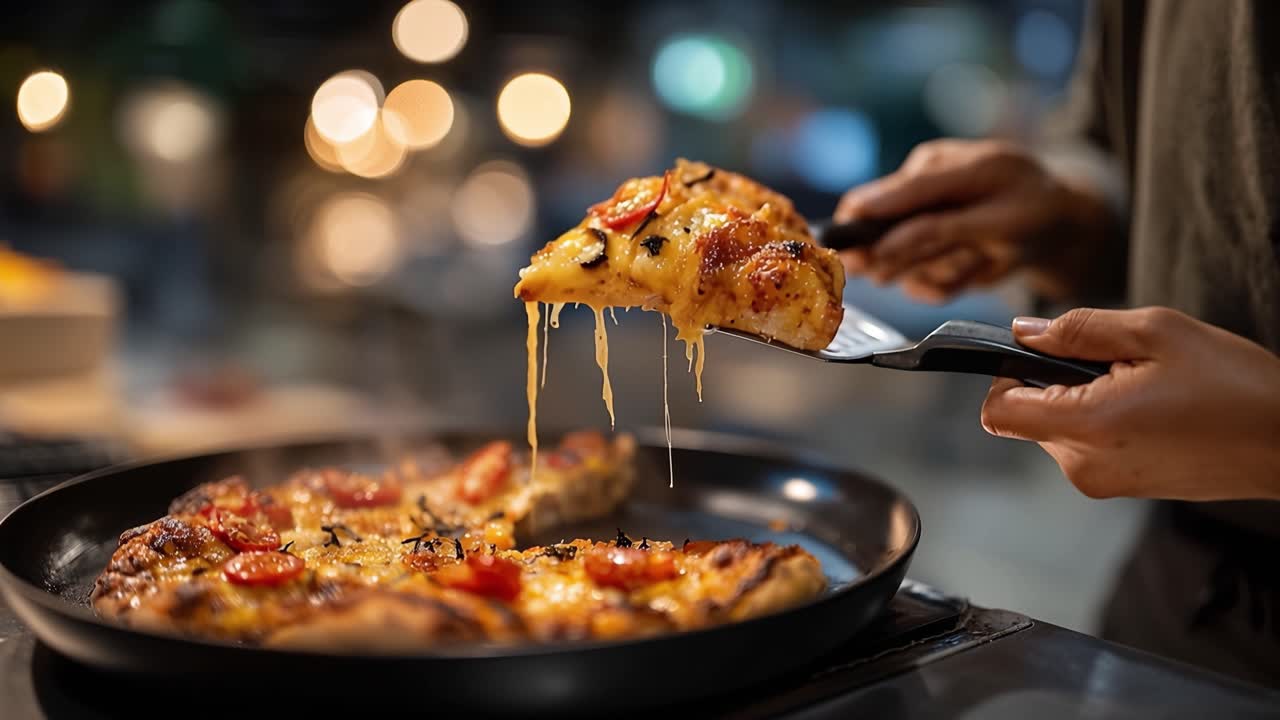 Primo piano di una fetta di pizza calda con formaggio fuso che viene servita