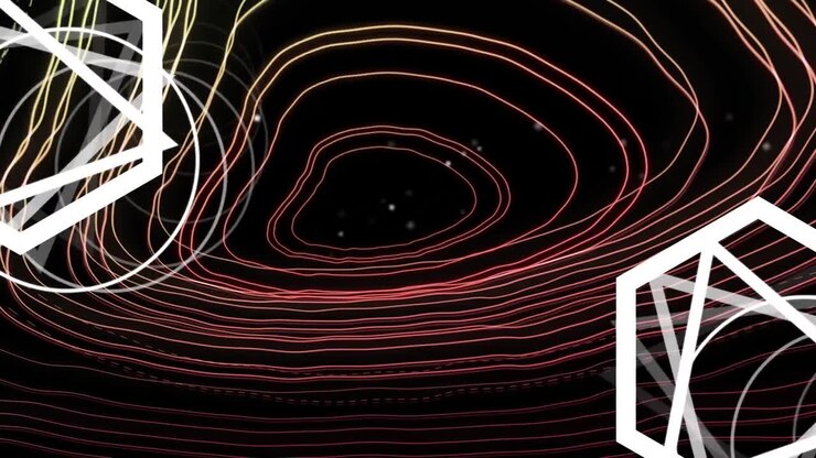 Animation of red map of lines over white geometrical shapes on black background