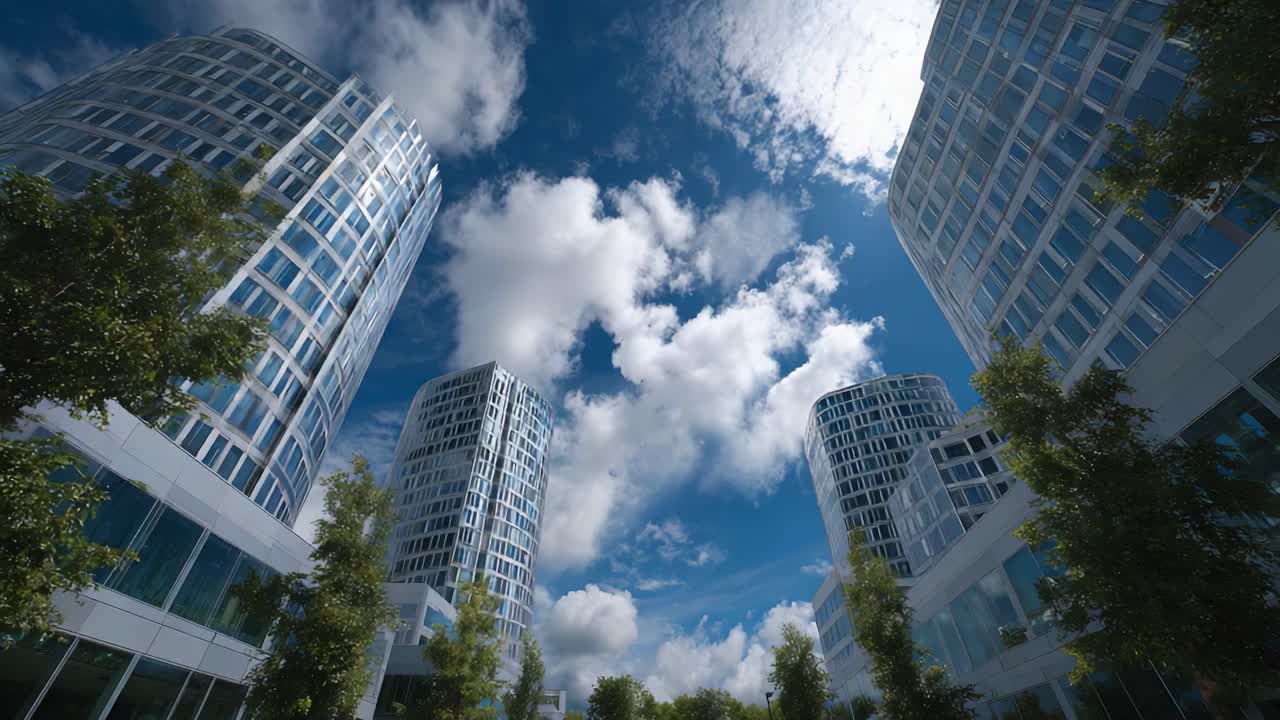 Arranha-céus sob um céu azul claro com nuvens brancas, mostrando a arquitetura moderna e a vegetação exuberante que emoldura a paisagem urbana contemporânea