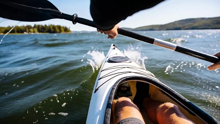 Paddling kayaker in dark clothes on choppy lake in kayak, wind urging stronger strokes with paddle