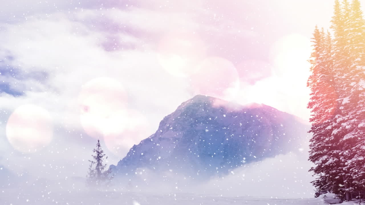 밝은 흐릿한 불빛 위에 겨울 풍경의 애니메이션