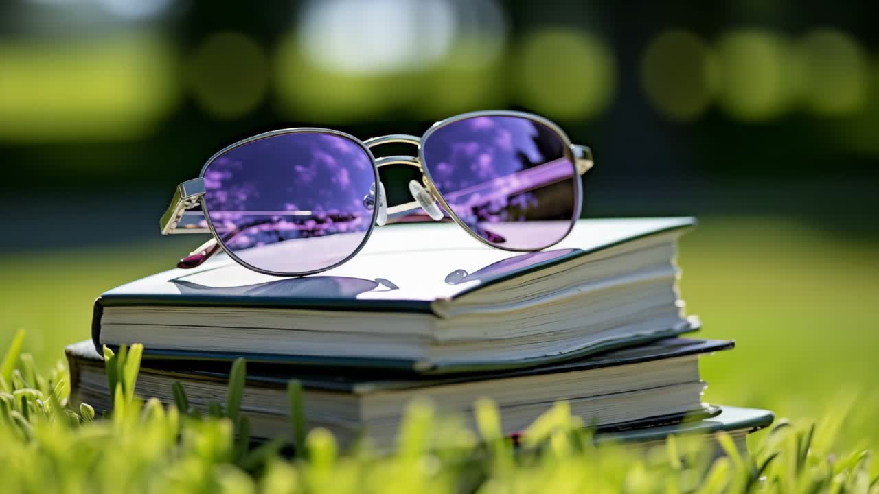 Sunglasses with purple lenses are laying on a stack of books in the grass, creating a relaxing summer scene perfect for leisure and studying