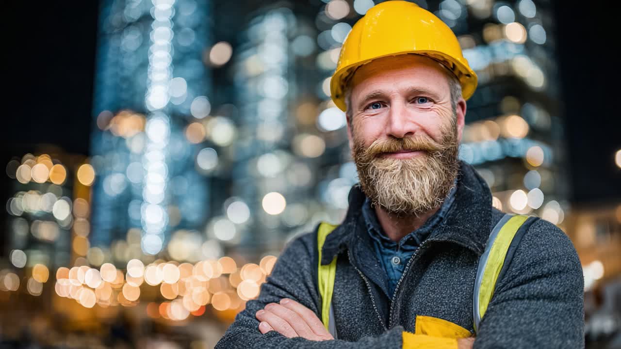 Confident Construction Worker Smiling with Yellow Hard Hat Against a Bokeh Urban Background at Night, Showcasing Safety and Professionalism in the Industry