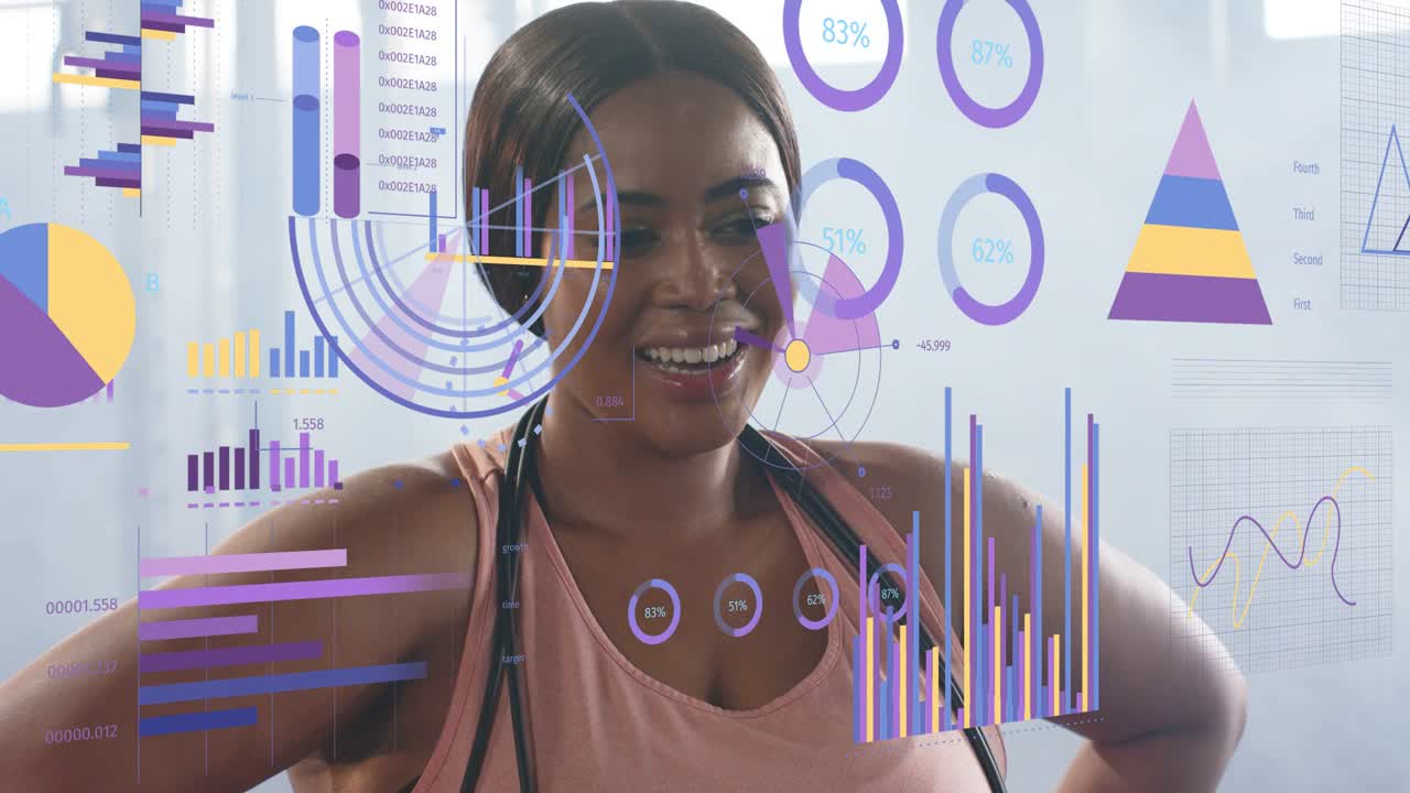 Hamparan data aktif, dokter wanita tersenyum, grafik animasi menyapu dada menunjukkan tanda-tanda vital.