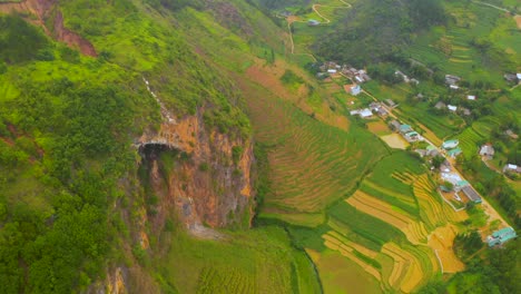 Slow-tilt-up-revealing-gorgeous-lush-farmland-in-the-dong-van-karst-plateau-geopark