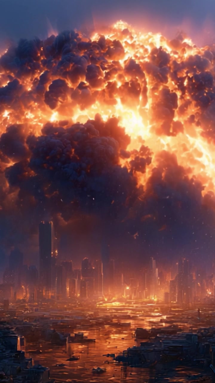 Epic Catastrophe: An Intense Scene of Explosive Destruction Over a Cityscape as Fiery Clouds Erupt Overhead, Illuminating the Darkened Waters Below