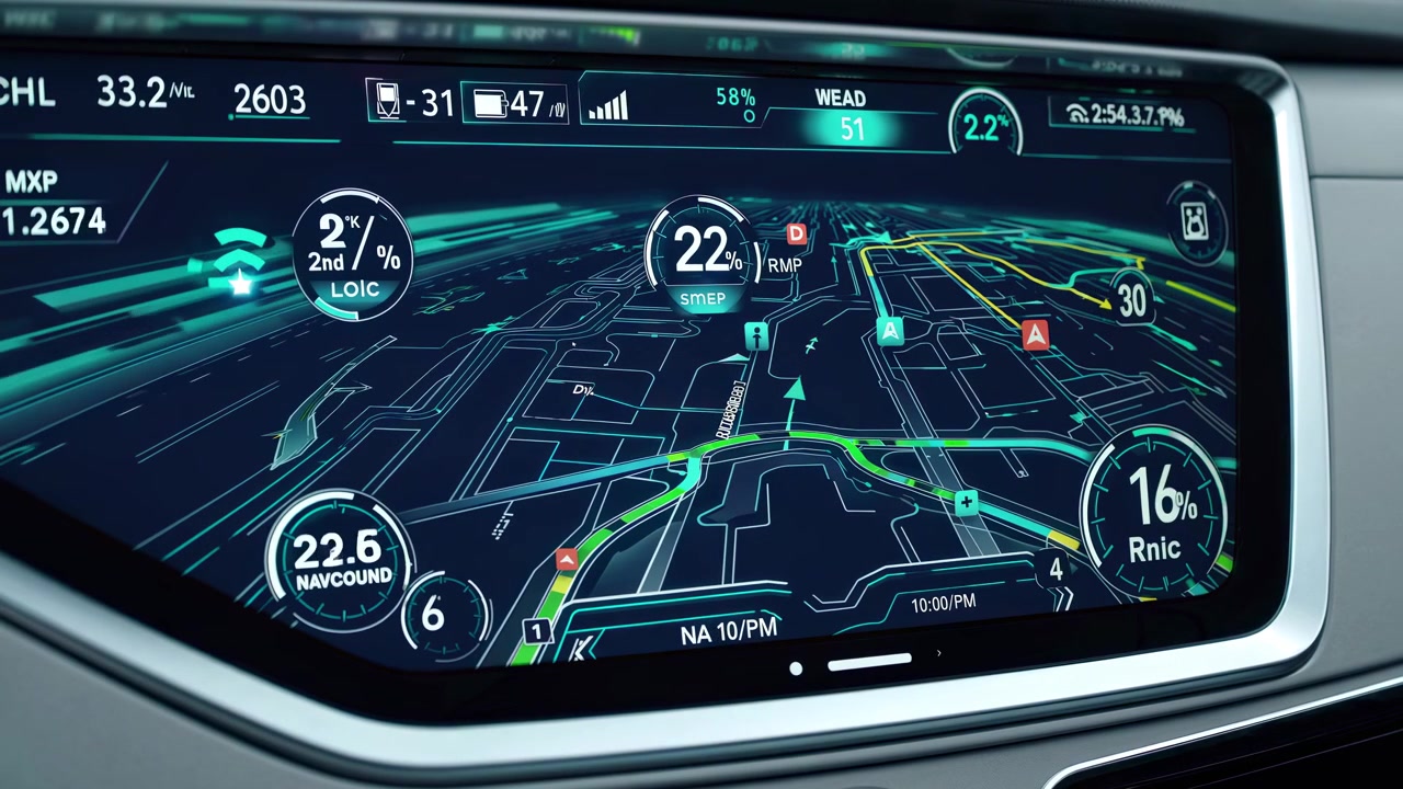 Digital Car Dashboard Display Showing Navigation and Vehicle Metrics