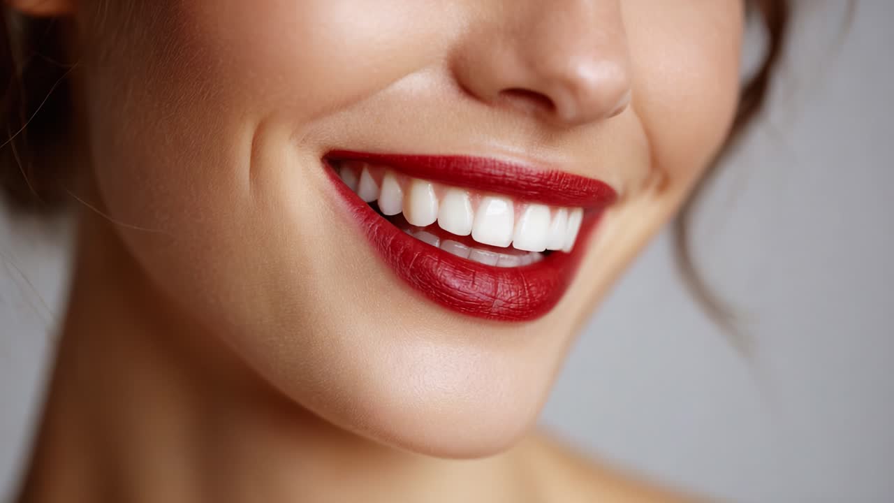A Close-Up View of a Smiling Woman with Glossy Red Lips and Radiant White Teeth, Emphasizing Her Beauty and Confidence in a Clean Background