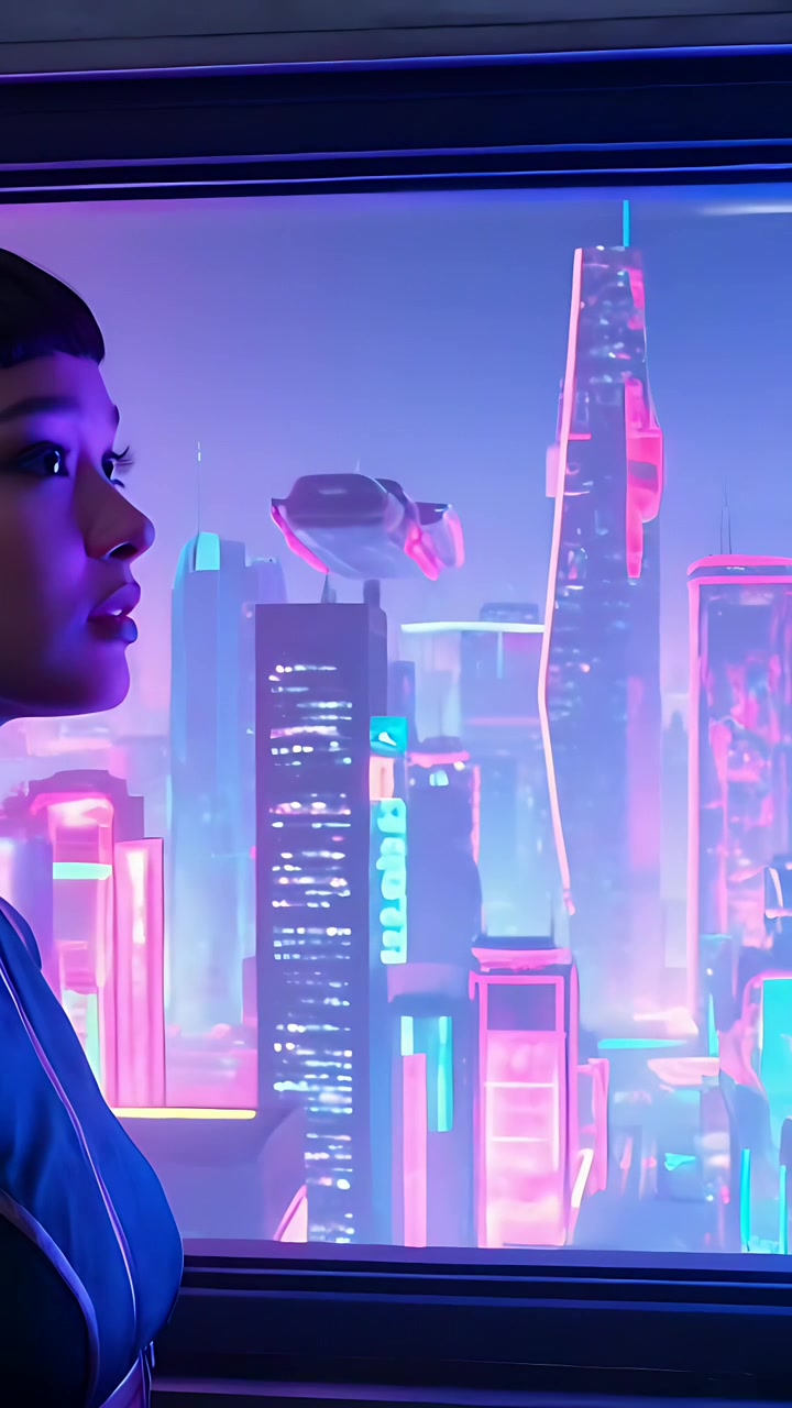 Vertical video: Leaning woman watching craft entering neon city at window in jacket, copy space