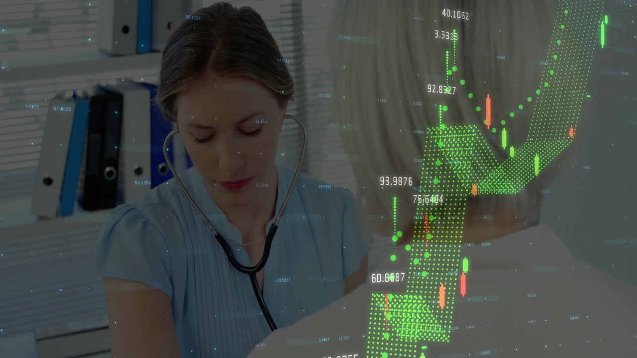 Female doctor using stethoscope on patient in clinic, with animated data graphs overlaying