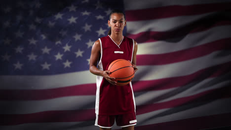 female basketball player against waving us flag