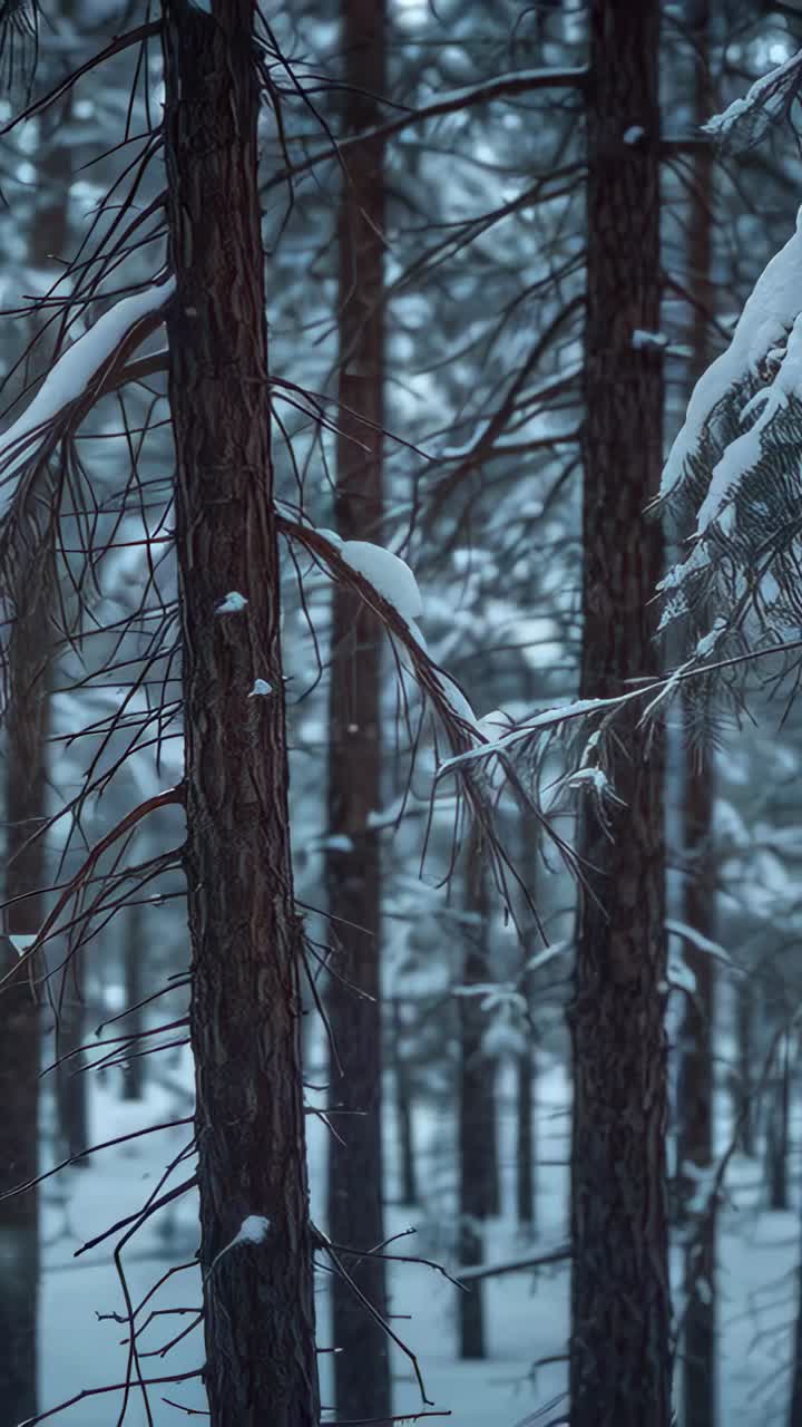 Vertical video: Shifting camera revealing tall pine trunks in snowy forest, showing drooping branch
