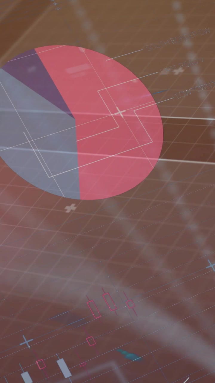 Video verticale: Un impulso che fa ruotare un grafico 3D, con barre che si alzano, un grafico a torta che si forma e quadranti che mostrano le tendenze.