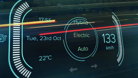 animation of speedometer on hybrid electric vehicle interface screen with date, time and temperature