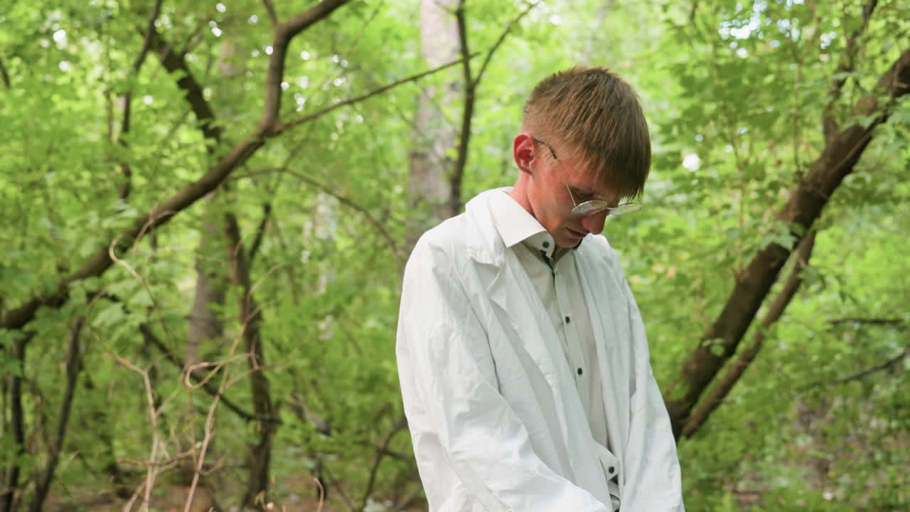 Close view of ecologist in white coat standing in forest looking focused, surrounded by lush greenery and soft natural light, emphasizing outdoor preparation, concentration, and lifestyle detail