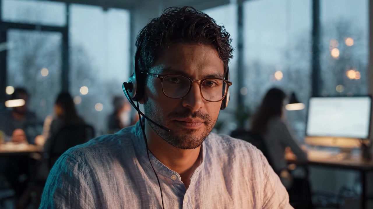 Focused Young Professional Wearing Headset in Modern Office Setting During Dusk with Soft Lighting, Engaged in Work and Communication with Colleagues