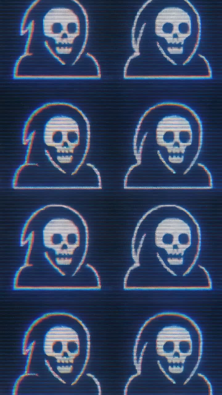 A repeating pattern of a digital skull icon with a hood, viewed from the front