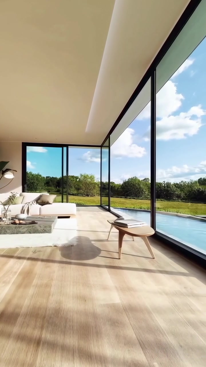 Soggiorno moderno con vetrate a tutta altezza e vista piscina