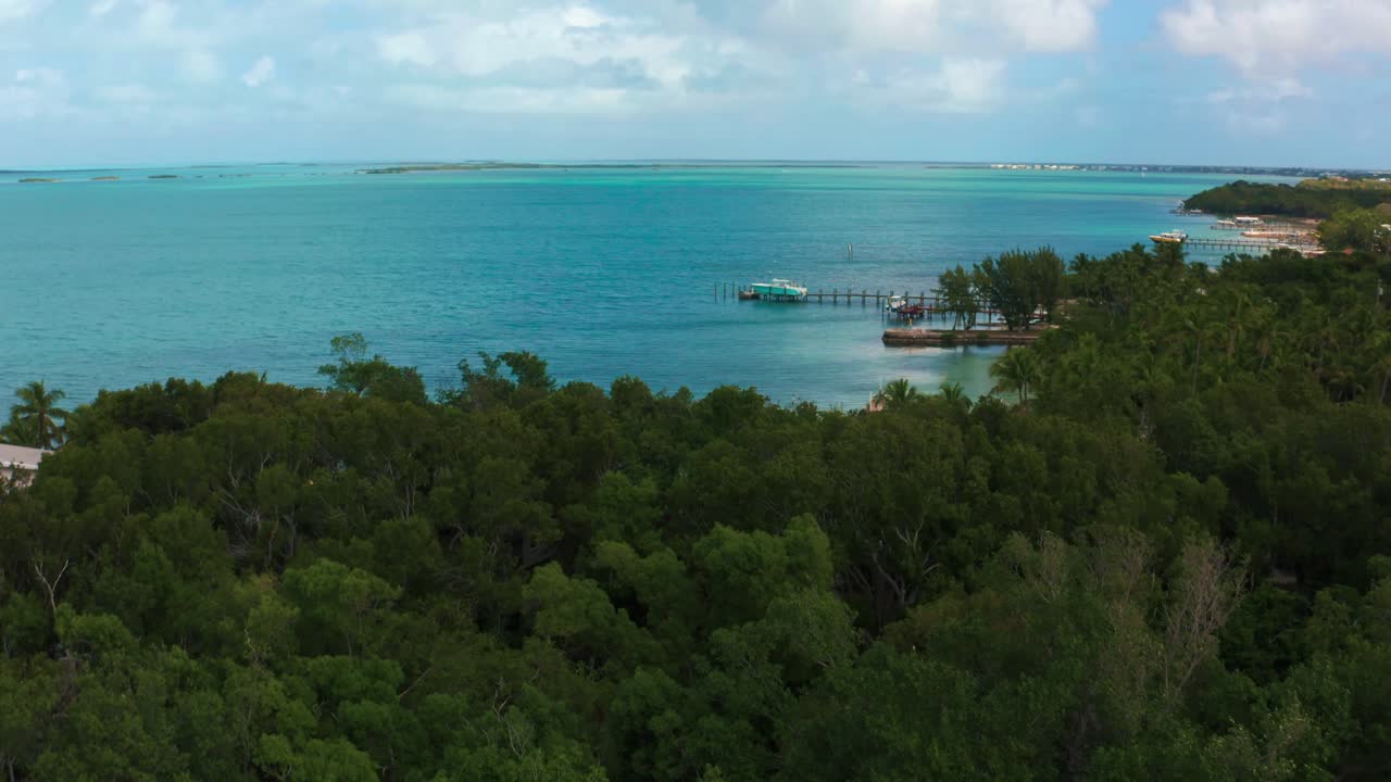 Aerial 4K UHD drone footage of palm trees next to the Highway One leading from Miami all the way down to Key West in Florida. The turquoise Atlantic Ocean is surrounding hundreds of coral reef islands