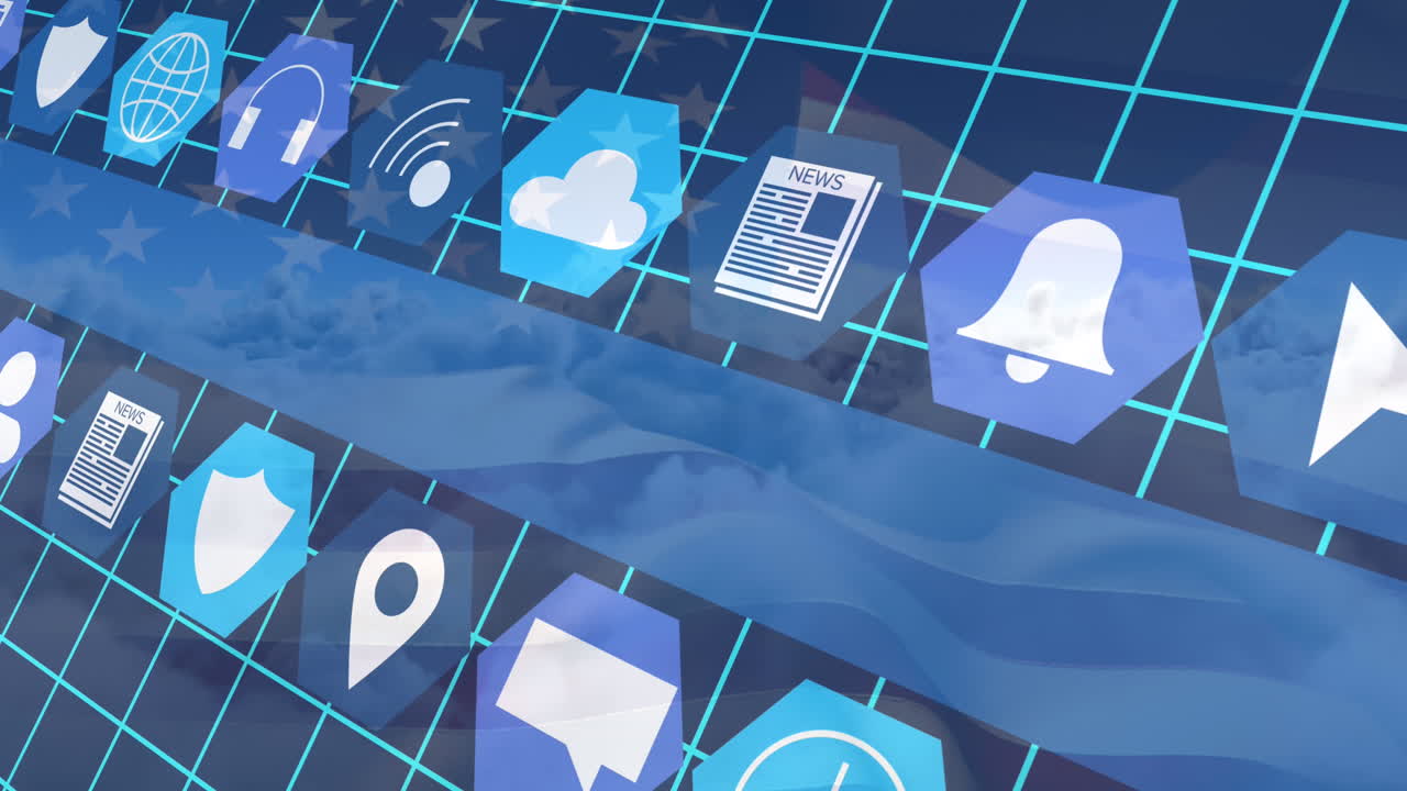 미국의  ⁇ 발 위에 육각형의 다중 아이콘의 애니메이션 배경에 밀집한 구름