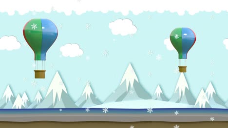 animation's loop, the balloon floats above the high mountains and is covered with snow.