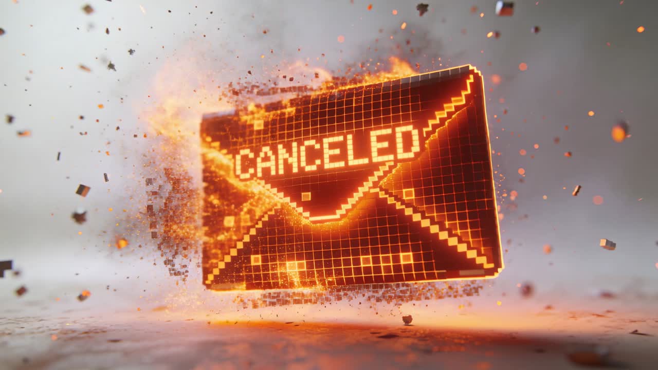 Burning envelope reading CANCELED, fire igniting voxels falling in studio, signaling cancellation
