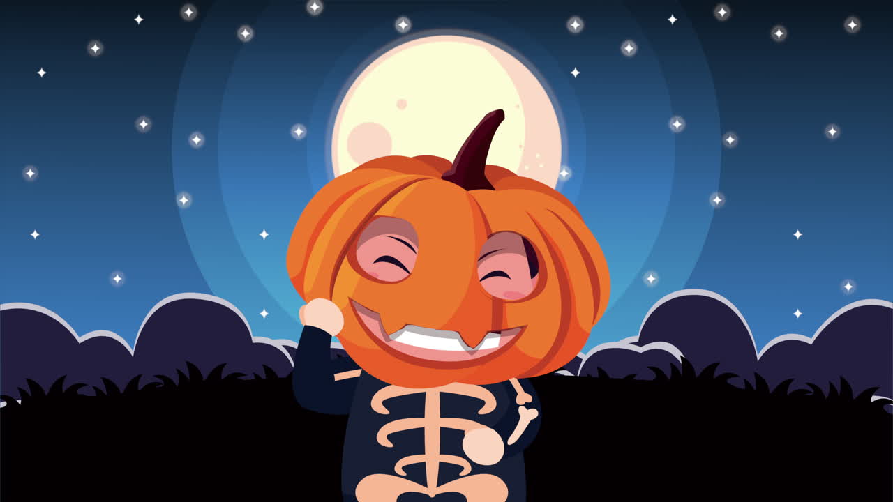 niño lindo disfrazado de calabaza cráneo en el cementerio