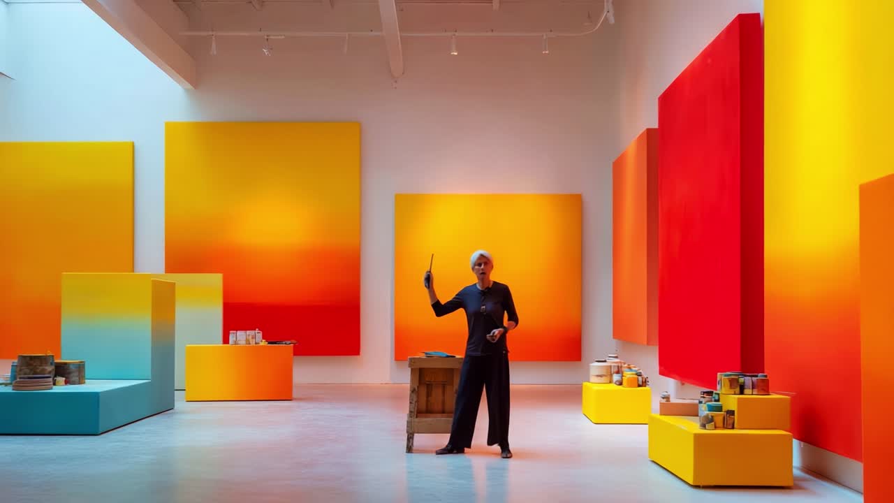 An artist stands confidently in a vibrantly painted gallery filled with abstract large-scale artworks showcasing hues of orange, yellow, and red, engaging viewers with creative expression and artistry