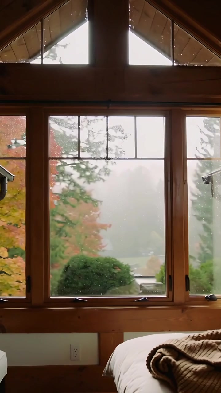 Vertical video: Panning camera to reveal bedroom window with raindrops, autumn tree, knit blanket