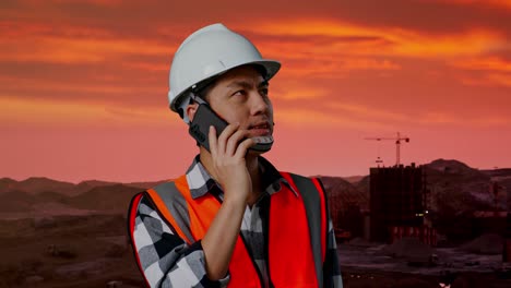 trabajador de la construcción de guardia durante el atardecer