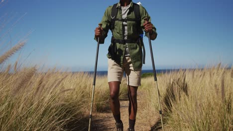 hombre afroamericano haciendo senderismo con palos de senderismo en el campo por la costa