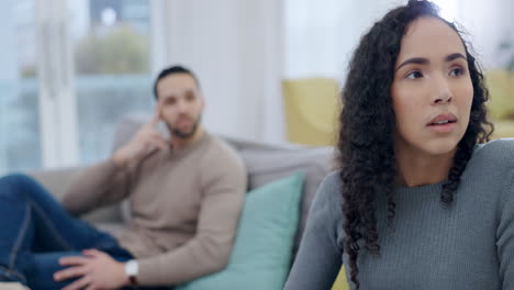 fight, divorce or angry couple on sofa with stress