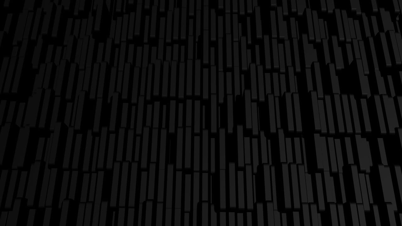 3D抽象幾何学的なクリエイティブな暗い背景。ループする流れるようなアニメーションで、黒い柱がランダムに多色ネオンライトを点滅させながら上下する。カートゥーンスタイル。VJループ背景。