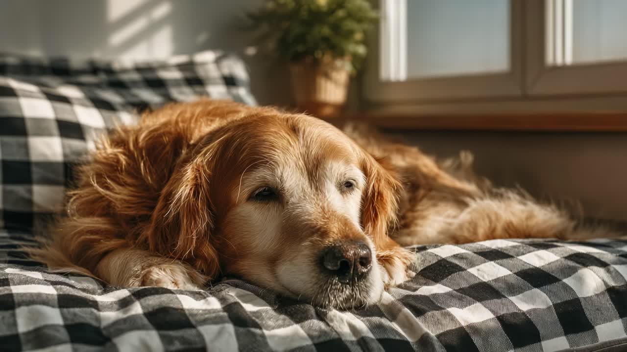 A Golden Retriever Relaxing Comfortably on a Cozy Bed with a Stylish Checkered Pattern, Enjoying a Warm Sunlit Afternoon in a Peaceful Home Environment