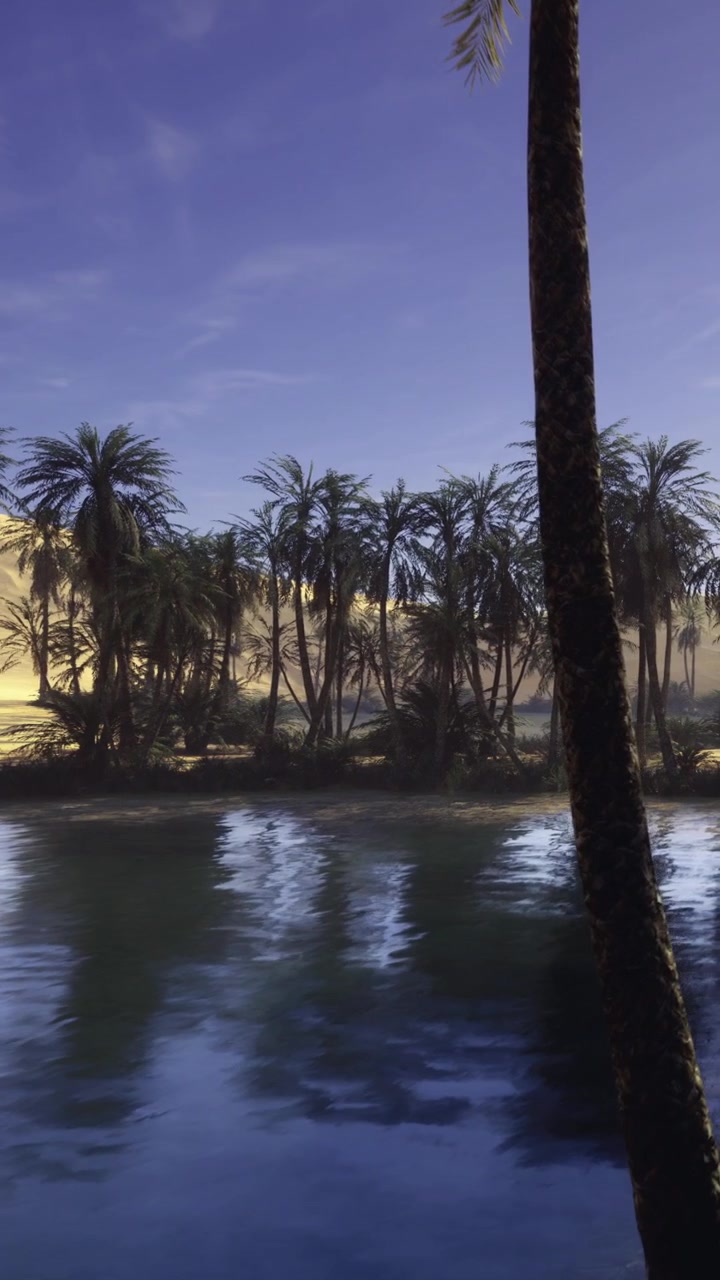 Scena notturna con palme e fiume in una zona desertica