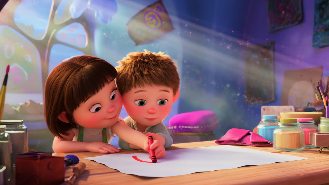 Animated Children Drawing Together in an Art Studio