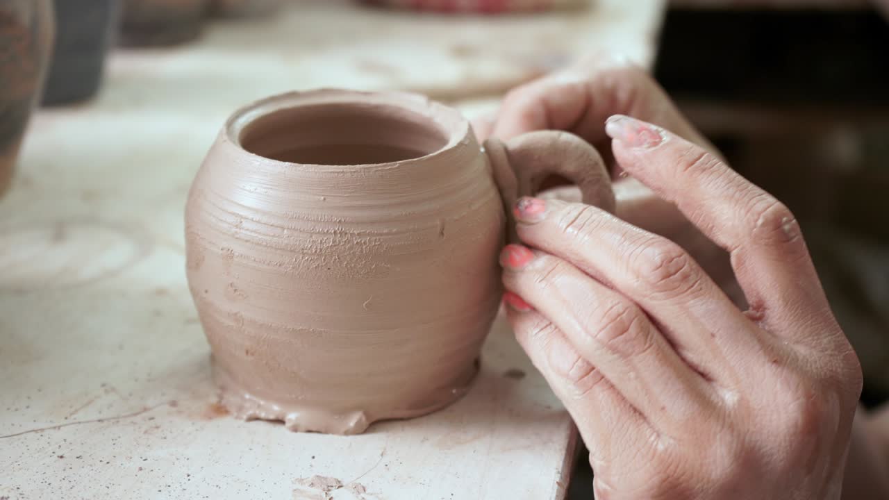 una joven hace una jarra de arcilla. las manos de las mujeres moldean la cerámica.