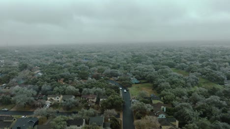 frozen icy trees in austin texas suburban neighborhood during cold winter freeze, aerial drone rise up above south austin homes