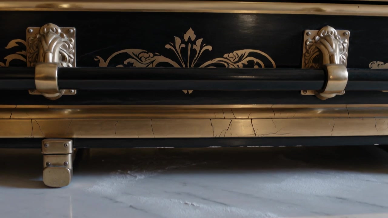Panning camera revealing ornate panel in formal room, showing polished marble and gilded brackets
